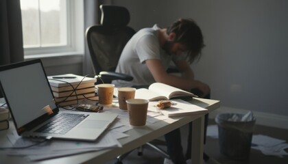 Fototapeta premium Stressed young man working late at night in dark office. Stressed male freelancer in dark room working late at night.