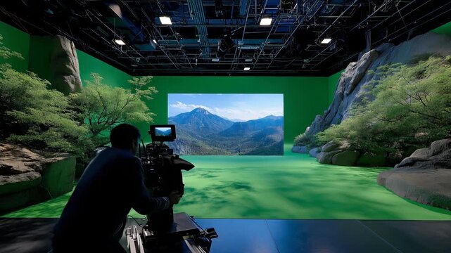 A CGI team turning green-screen footage into an alien planet, seamlessly blending live actors with detailed textures, sky matte paintings, and atmospheric depth &mdash; professional chroma-key