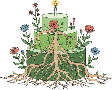 Candle on a green cake with roots and flowers growing out of it, symbolizing growth and harmony