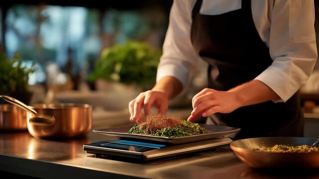A chef plating ingredients on stainless steel kitchen scales, balancing flavors with exact grams while warm light reflects off copper cookware &mdash; professional culinary accuracy, recipe perfection,