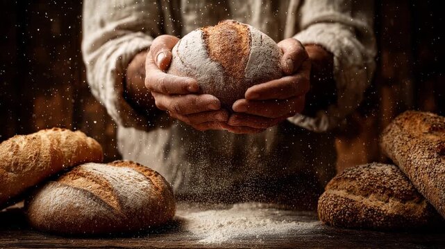 Professional baker's hands proudly holding a freshly baked rustic loaf of sourdough bread as flour gently falls onto a wooden table surrounded by various artisanal baked goods