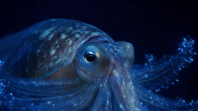 Magical close up of a mysterious cuttlefish swimming in the deep dark ocean, its skin displaying beautiful iridescent patterns and tentacles glowing with stunning bioluminescence
