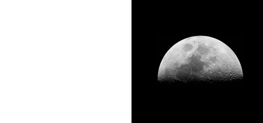 Half moon phase high resolution lunar surface texture isolated on transparent and black background with detailed craters and gray craters © Creative Png
