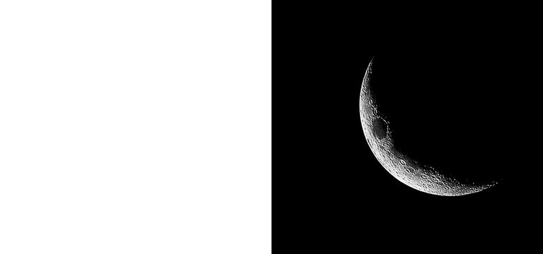 Thin crescent moon cutout on transparent background with luma mask for astronomy graphics and night sky compositing realistic lunar surface view