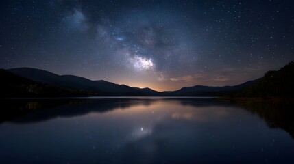 Obraz premium Majestic Milky Way galaxy arches over a serene reflective lake at night with silhouetted mountains on the horizon
