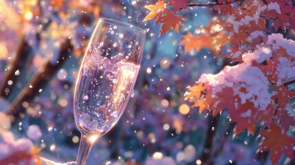 A glass of sparkling drink in a winter wonderland scene.  Soft light, snow, and colorful autumn leaves surround a champagne flute