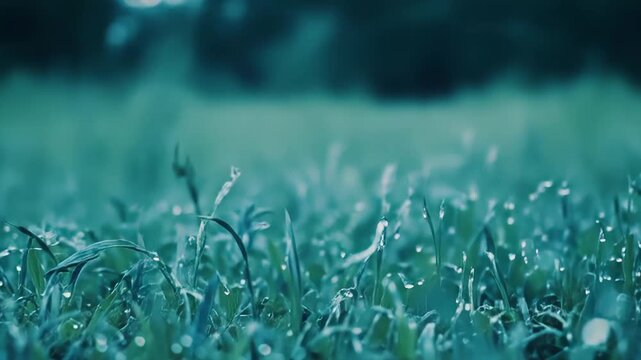 Raindrops falling from above are revitalizing lush green grass, with each blade showcasing clear, sparkling water droplets on its surface, symbolizing renewal and growth in the natural environment