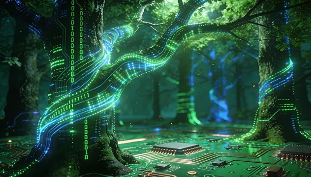 Abstract digital forest with glowing binary code on trees and circuit boards data concept digital forest.