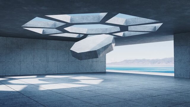 A geometric stone structure descends gracefully into a modern concrete room overlooking a tranquil ocean and distant mountains