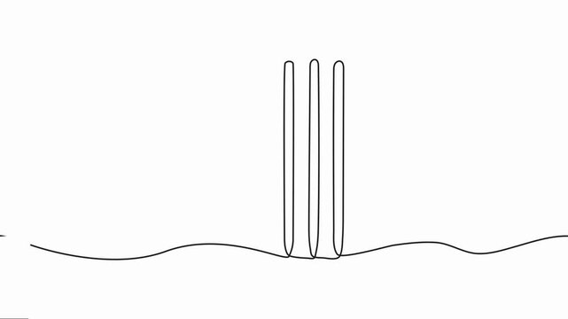 International cricket stump continuous one line drawing on white background, minimalist sport equipment symbol animation, Self drawing animation single-line drawing, cricket equipment for competition.