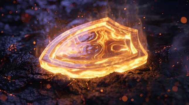 Illuminated Shield Emblem on Dark Rock Surface with Volcanic Sparks
