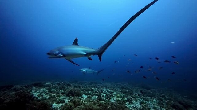 Thresher Shark Gliding Above Coral Reef with Extended Tail in Open Blue Water