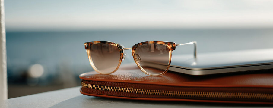 Pair of sunglasses resting next to a laptop case with blurred beach and ocean in background on a bright sunny day