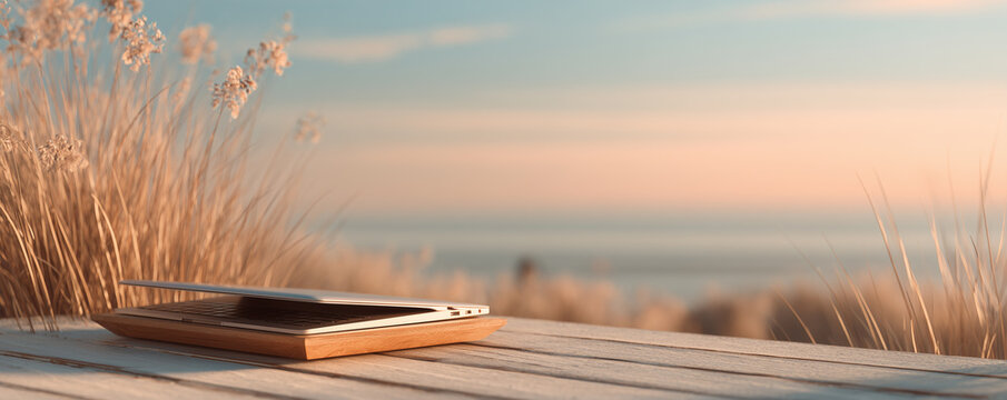 Wooden docking tray holds closed laptop with dune grass and sky in soft focus near coast at sunset