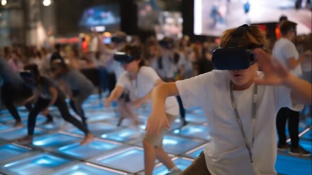 A VR gaming arena inside the expo where visitors strap on headsets and battle in full-motion virtual worlds, floor sensors glowing as players dodge and swing &mdash; virtual reality experience zone,