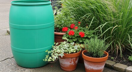 Green water barrel with blooming potted flowers and lush green plants in a garden setting
