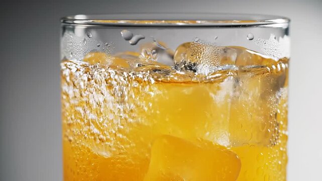 Vibrant amber liquid pours dynamically into a chilled glass filled with ice cubes, creating refreshing splashes and a captivating effervescent motion. Condensation adorns the glass, highlighting its