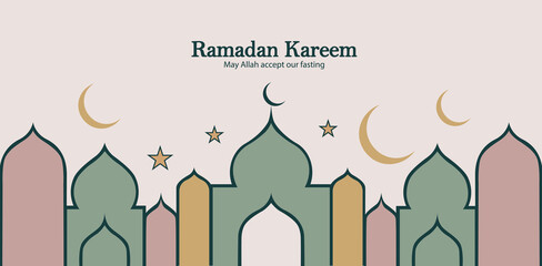 Ramadan Kareem Islamic Greeting Banner with Mosque and Crescent Moon.