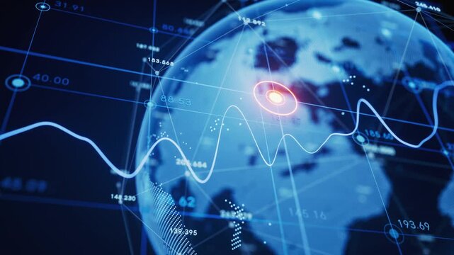 Dynamic global business network motion graphic with glowing red dot on world map and financial data statistics in blue tones