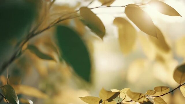 Branch of deciduous tree featuring translucent golden leaves catching soft sunlight, creating a warm and vibrant atmosphere with blurred background elements