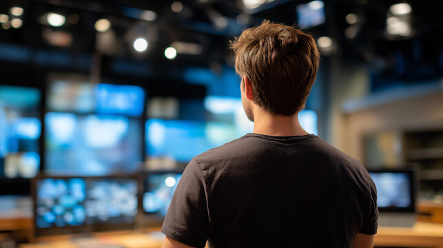The excitement builds as an actor rehearses their lines in front of multiple steadicam screens, with lighting engineers adjusting the set to create an impactful visual atmosphere for the audience.