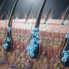 hair roots being nourished by blue vitamin spheres