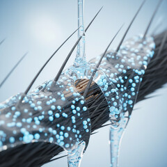 macro of a hair strand being repaired by liquid silk proteins