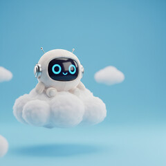 3D render of a cute round robot mascot with glowing blue eyes, sitting on a soft white cloud
