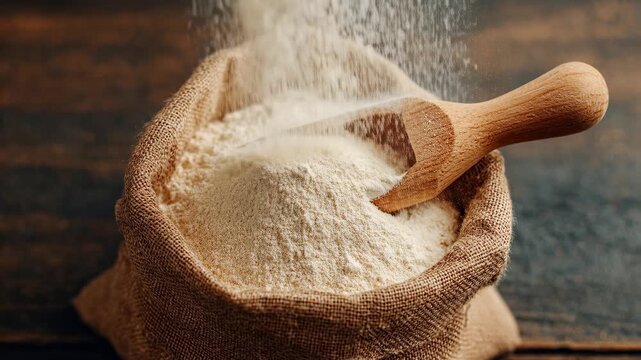 Whole grain wheat flour sifting into a rustic burlap bag with a wooden scoop inside, a perfect ingredient for baking bread, cakes or pasta in a bakery on a wooden background