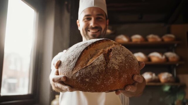 Proud male baker in uniform holding a warm, fresh loaf of sourdough bread, smiling at the camera inside his artisanal bakery with flour falling gently around the rustic, crusty bread