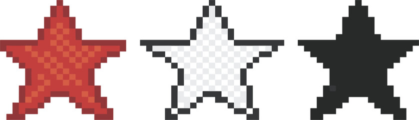 Fototapeta premium Red, white, and black pixel art star icons vector collection, retro 8-bit symbols for gaming design