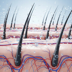 multiple hair follicles under a microscope, healthy and hydrated