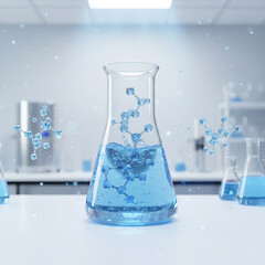 a laboratory beaker with 3D molecules forming inside