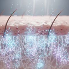active ingredients as glowing particles entering skin pores