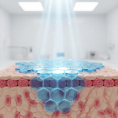 hexagonal collagen skin barrier, a protective blue shield reflecting light rays