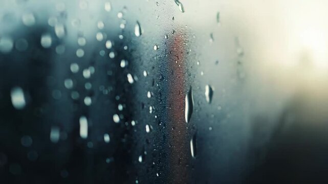 Raindrops adhering to a glass window pane with varying sizes and shapes create a textured surface, reflecting blurred outdoor light and a subdued atmosphere