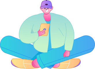 Obraz premium Vector gradient illustration of a character holding a mobile phone and engaging in social interaction. 
