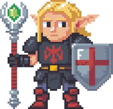 Pixel art elf warrior character vector illustration with magical staff and shield for fantasy game design