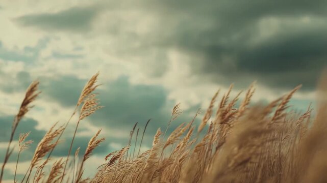 Golden common reed grass creating a tranquil and natural landscape, swaying gently in the wind under a dramatic cloudy sky, reflecting concepts of peace and freedom