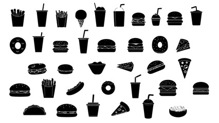 Set of food and junk food vectors, icon style, silhouette logo