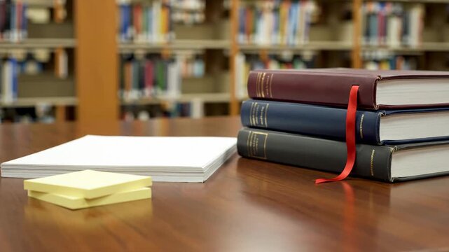 Stack of Leather Bound Books With Red Ribbon Marker and Sticky Notes on Wooden Desk in Library With Blurred Shelves Background