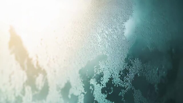 Frosted glass creating an abstract, textured background with ice crystal patterns and a warm sun flare illuminating the cool, cold surface of a winter window