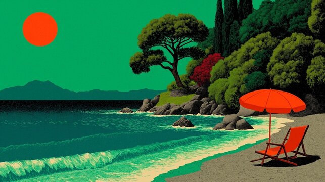 Plage sauvage avec transat et parasol rouge sous un ciel vert et soleil rouge