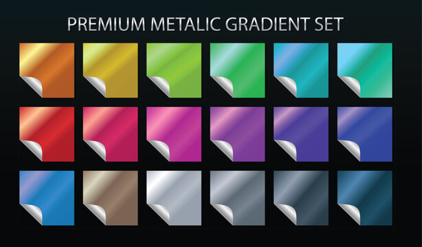 A collection of 20 premium metallic gradient swatches on a black background for graphic design