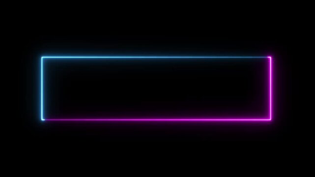 Glowing neon square frame animation. luminous banner animation. white and blue color neon box icon. Neon Figure on a Black Background. 4k video