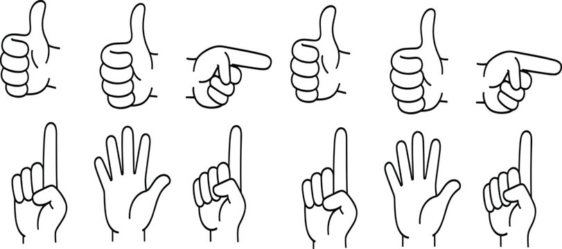 Hand gesture icon set with thumbs up pointing and counting signs in simple outline cartoon vector style