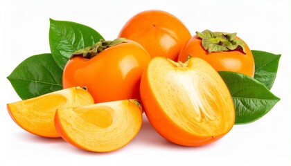 Collection of ripe orange persimmons with leafy tops and sliced fruit showing star-shaped pattern on white background