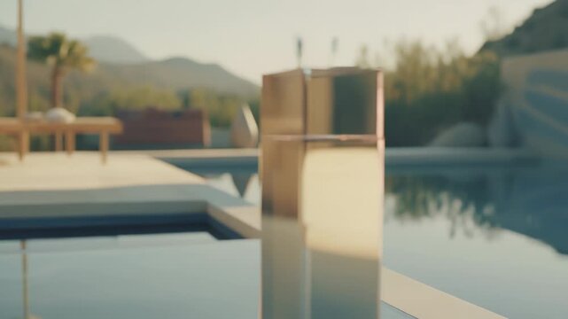 Golden fragrance bottle reflecting sunlight, symbolizing glamour, elegance, and exclusivity in a serene, high end tropical outdoor environment by a luxurious pool