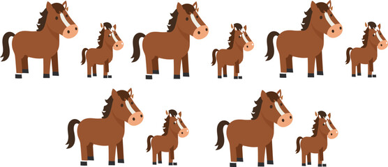 Fototapeta premium Cute cartoon horse and foal character set in different poses for farm kids vector illustration design