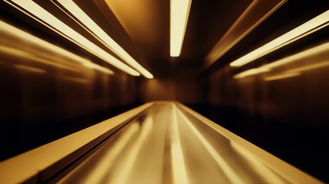 Empty golden lit corridor with smooth reflective floors, blurred motion and abstract light streaks forming a symmetrical, futuristic vanishing point passage suggesting speed and depth